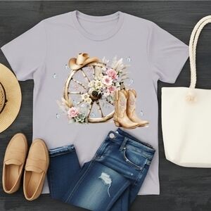 Western Floral Wagon Wheel Cowgirl Tee • Country Graphic Shirt • Boho Western